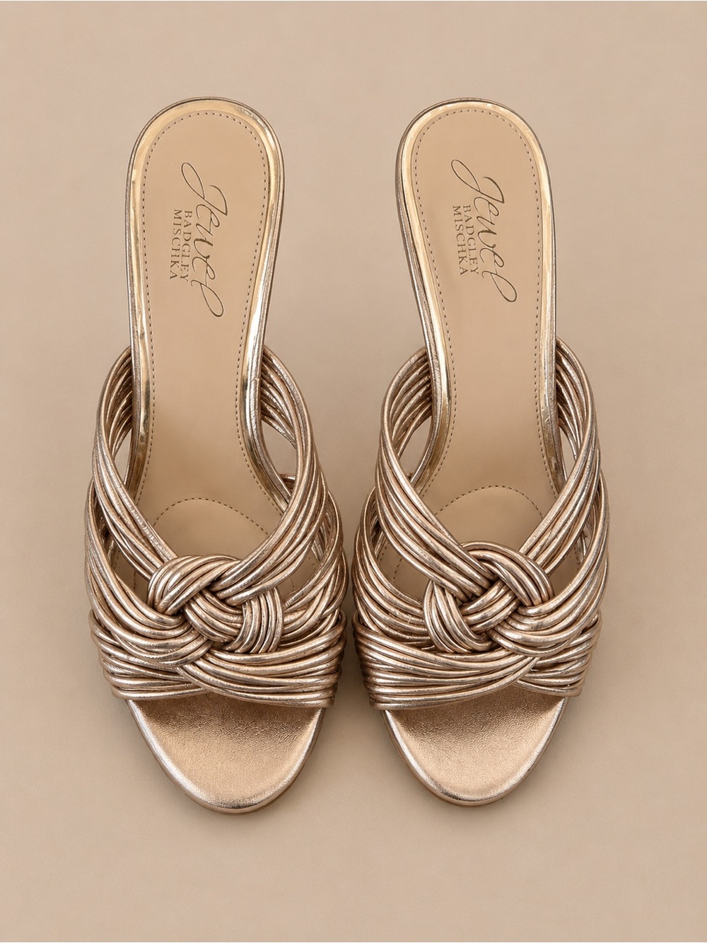 Jewel Badgley Mischka Rose Gold Braided Knot Heeled Sandals 5.5